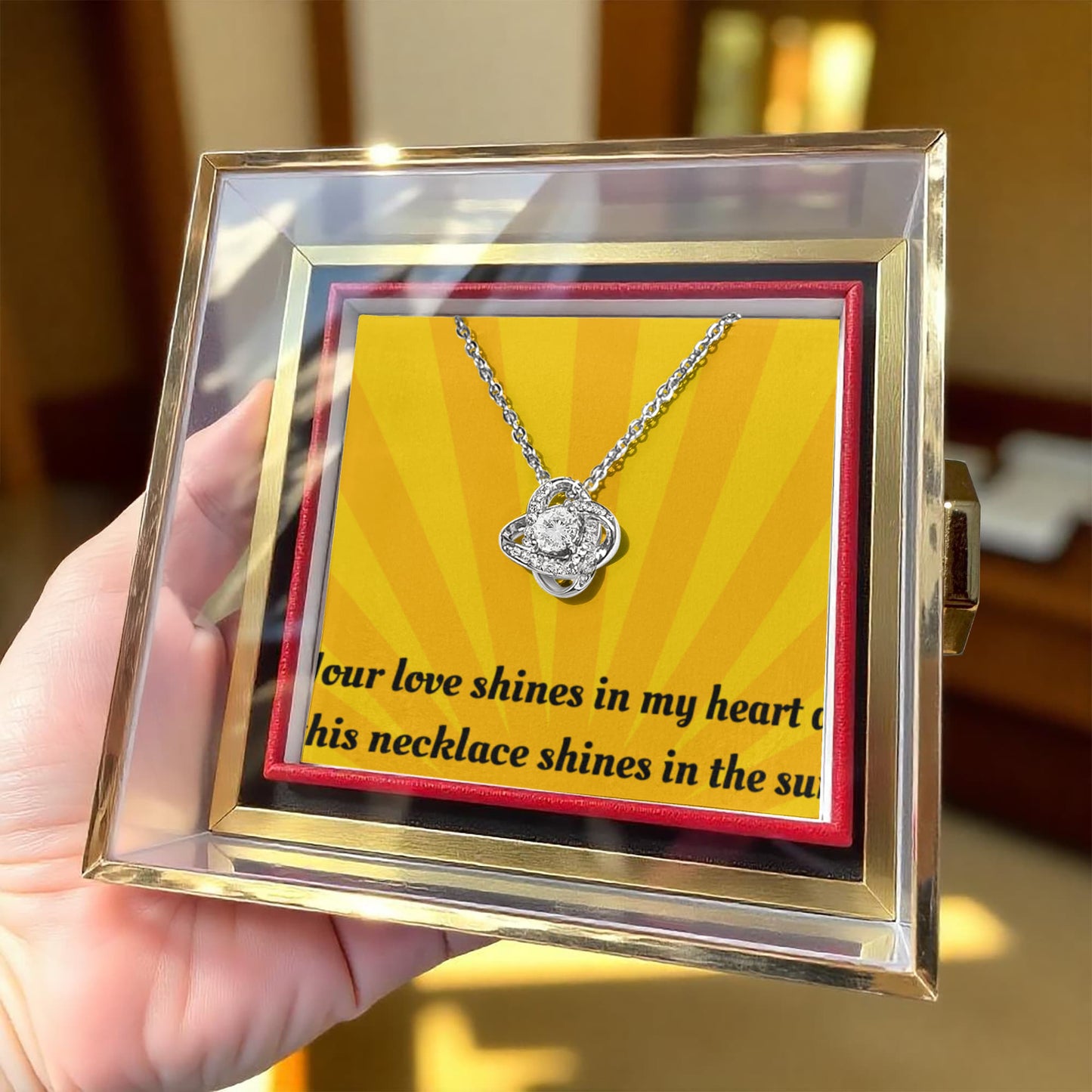 LOVE KNOT NECKLACE WITH ROTATING ROSE GIFT BOX AND MESSAGE CARD