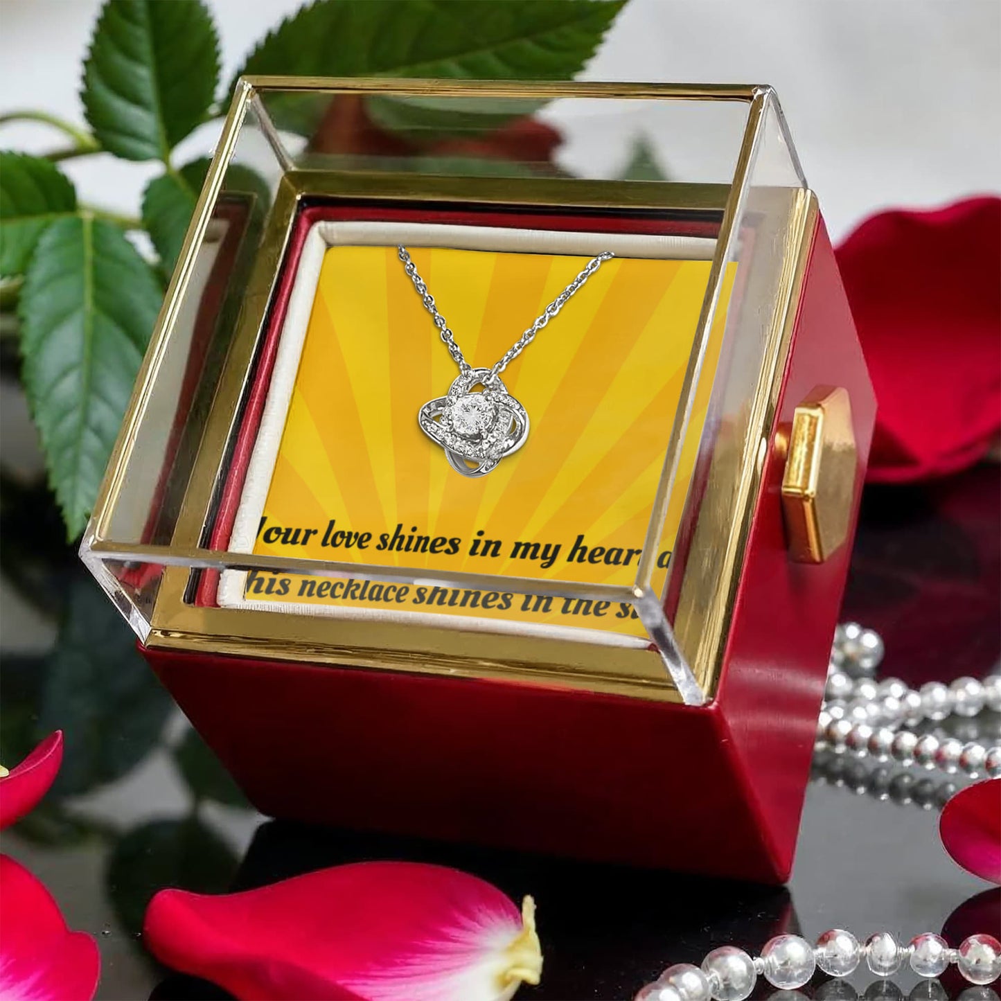 LOVE KNOT NECKLACE WITH ROTATING ROSE GIFT BOX AND MESSAGE CARD