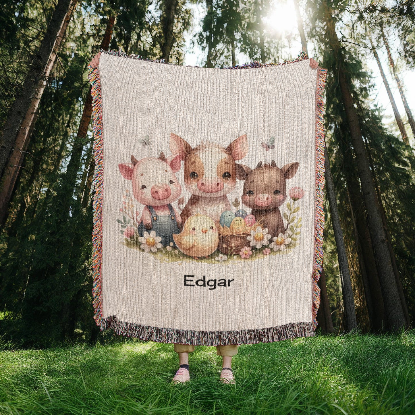 Personalized Cute Farm Animals Heirloom Woven Blanket (Portrait)