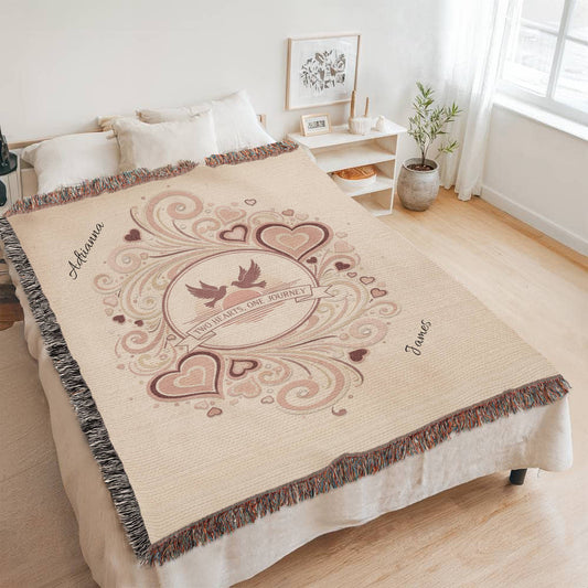 Two Hearts One Journey Personalized Couples Heirloom Woven Blanket (Portrait) 60"x80"