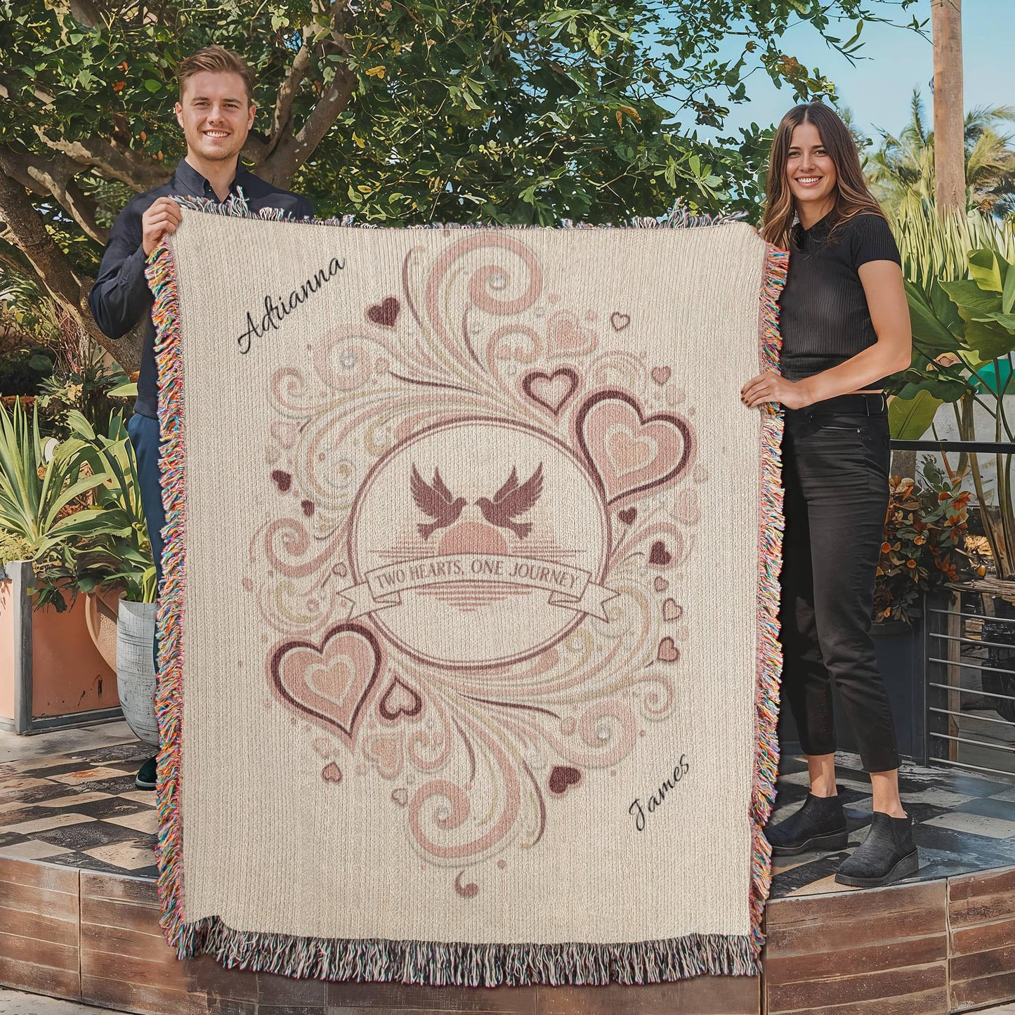 Two Hearts One Journey Personalized Couples Heirloom Woven Blanket (Portrait) 60"x80"