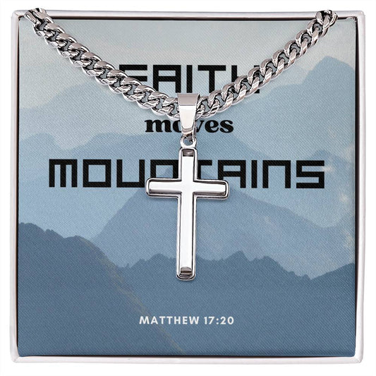 FAITH MOVES MOUNTAINS ARTISAN CROSS NECKLACE WITH CUBAN CHAIN AND MESSAGE CARD