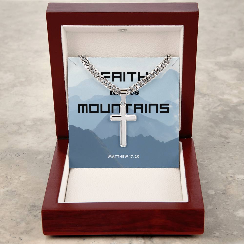 FAITH MOVES MOUNTAINS ARTISAN CROSS NECKLACE WITH CUBAN CHAIN AND MESSAGE CARD