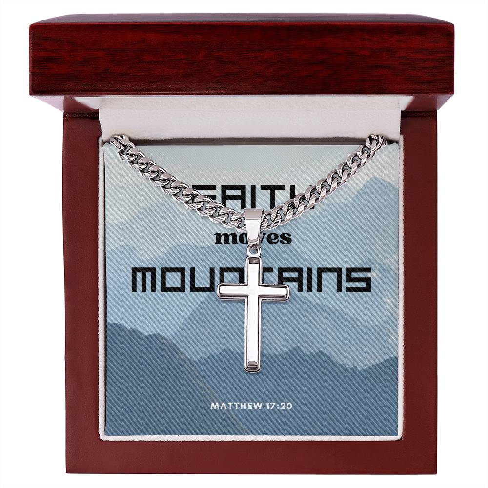 FAITH MOVES MOUNTAINS ARTISAN CROSS NECKLACE WITH CUBAN CHAIN AND MESSAGE CARD