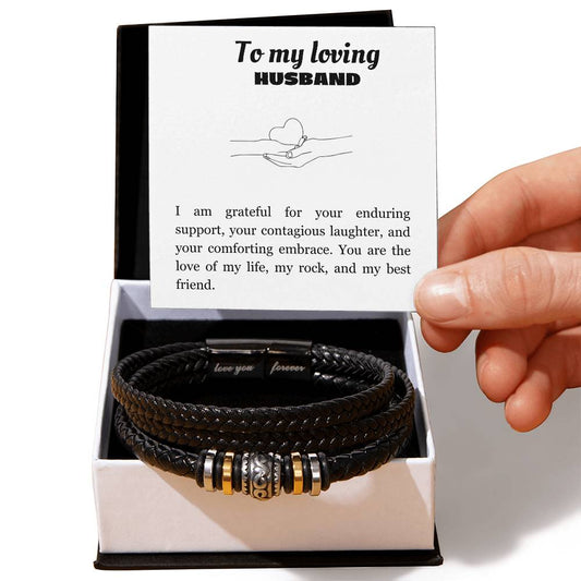 TO MY HUSBAND MESSAGE CARD WITH ENGRAVED STAINLESS STEEL AND VEGAN LEATHER MENS BRACELET