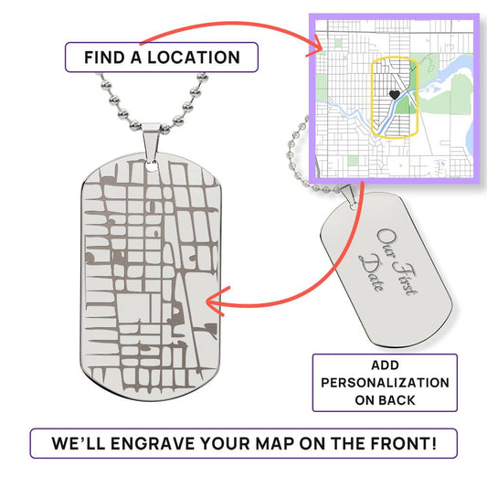 Engraved Personalized  Map  Dog Tag Necklace