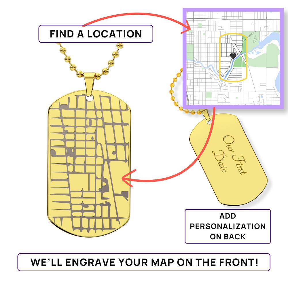 Engraved Personalized  Map  Dog Tag Necklace