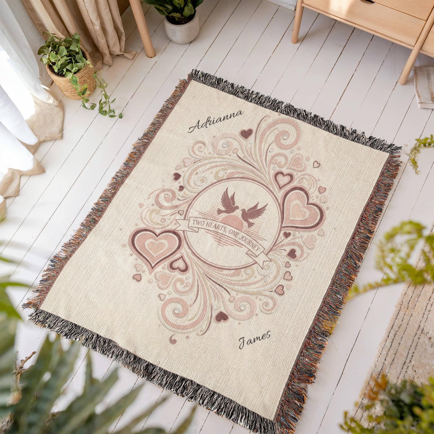 Two Hearts One Journey Personalized Couples Heirloom Woven Blanket (Portrait) 60"x80"